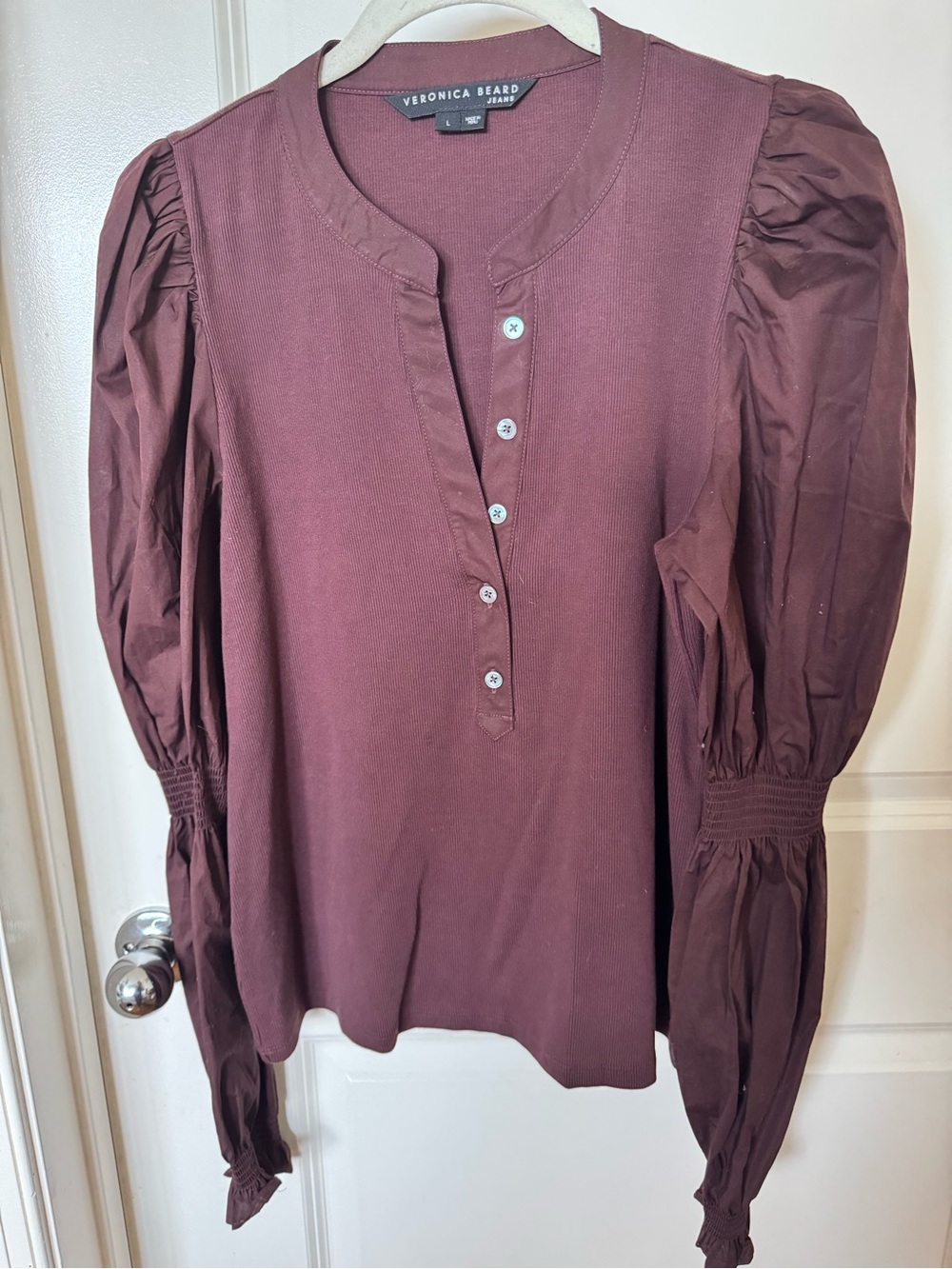 Veronica Beard Burgundy Puff-Sleeve Henley Top